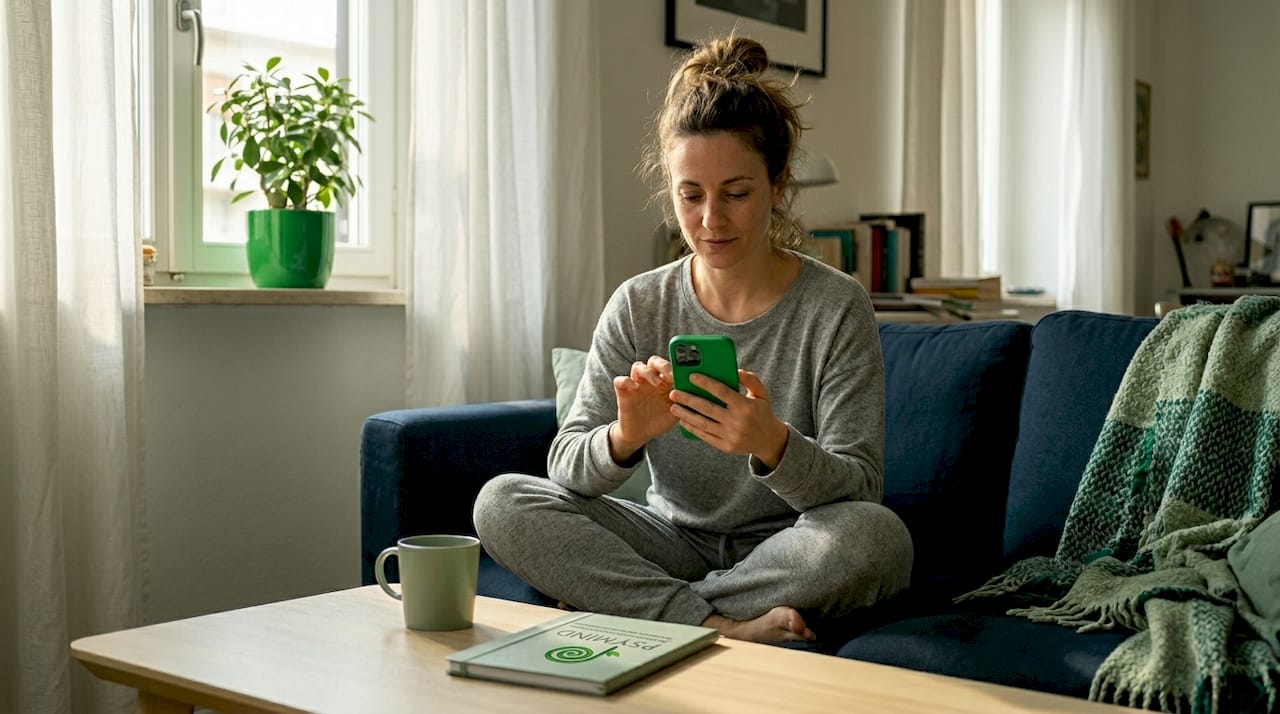 Una donna rilassata seduta sul divano di casa mentre si dedica alla meditazione guidata tramite un’app.
