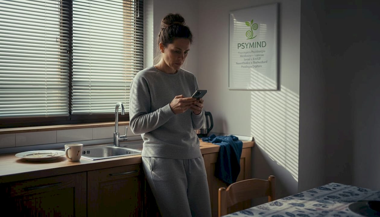 In cucina, una donna osserva il suo telefono con aria preoccupata.