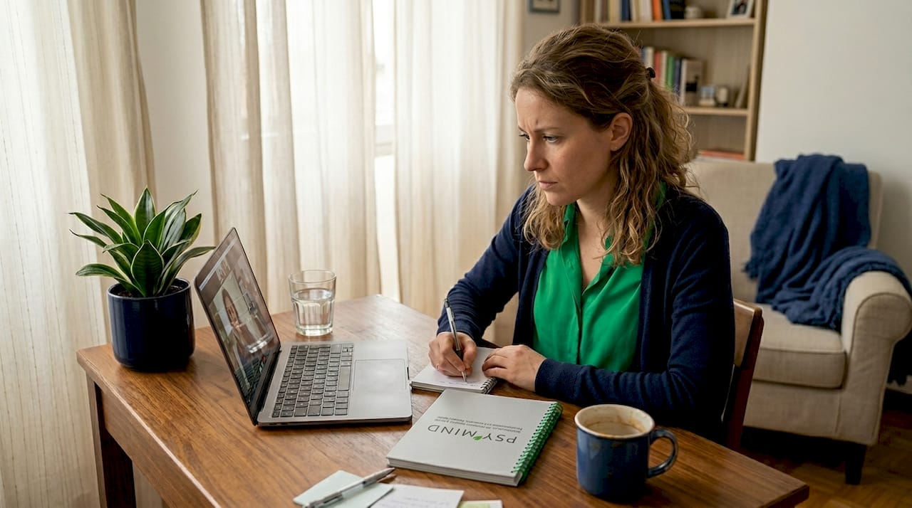 Donna che segue una seduta di psicoterapia online comodamente da casa