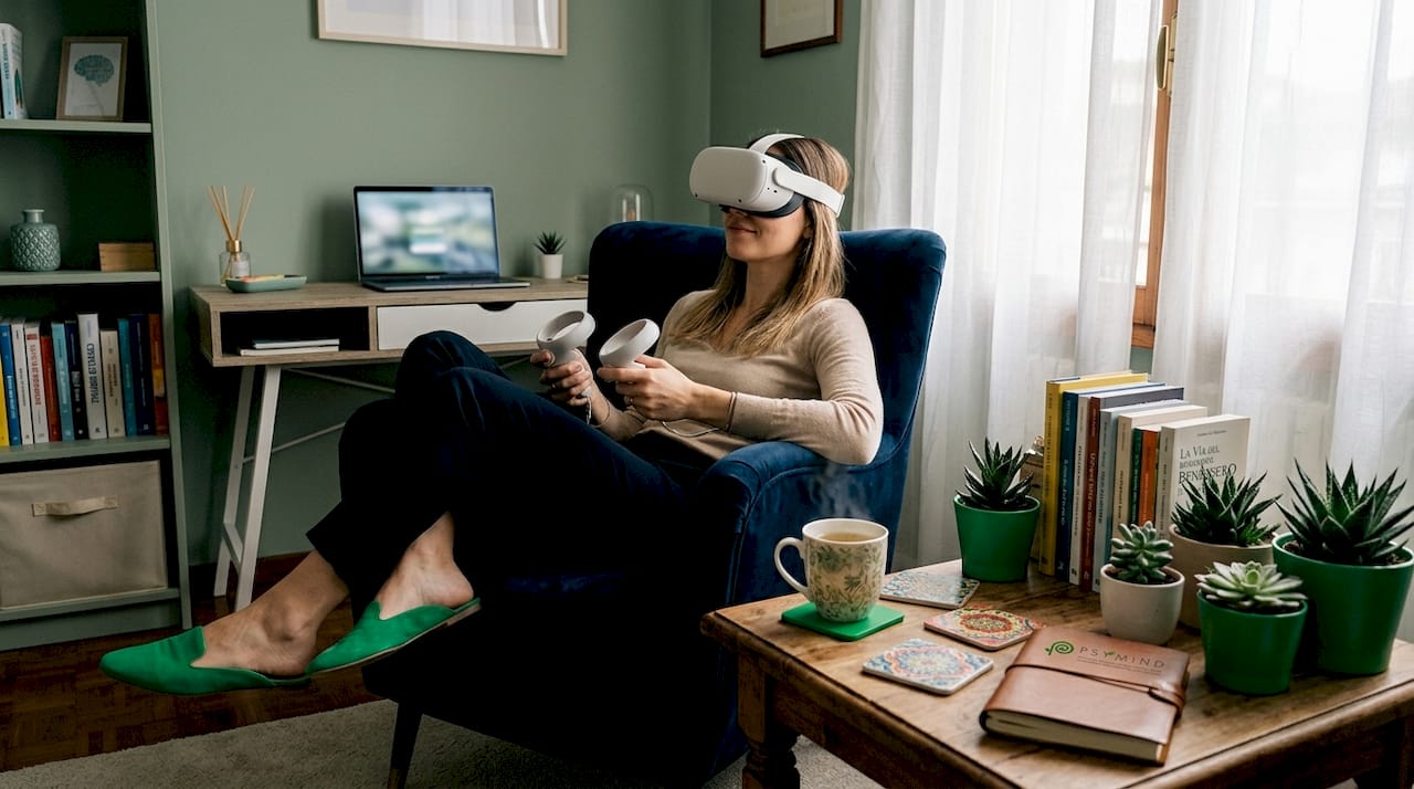 Una donna rilassata sul divano si immerge nella realtà virtuale con un visore.