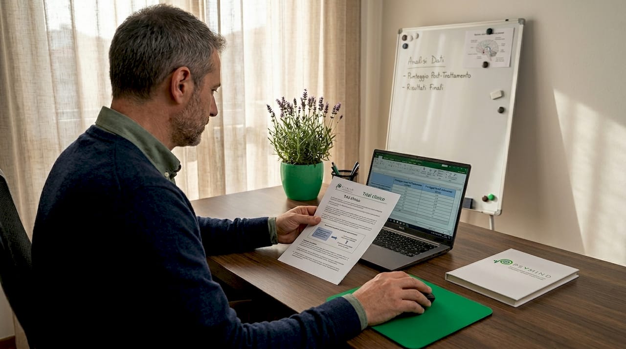 Un medico sta esaminando i dati raccolti da uno studio sulla realtà virtuale.