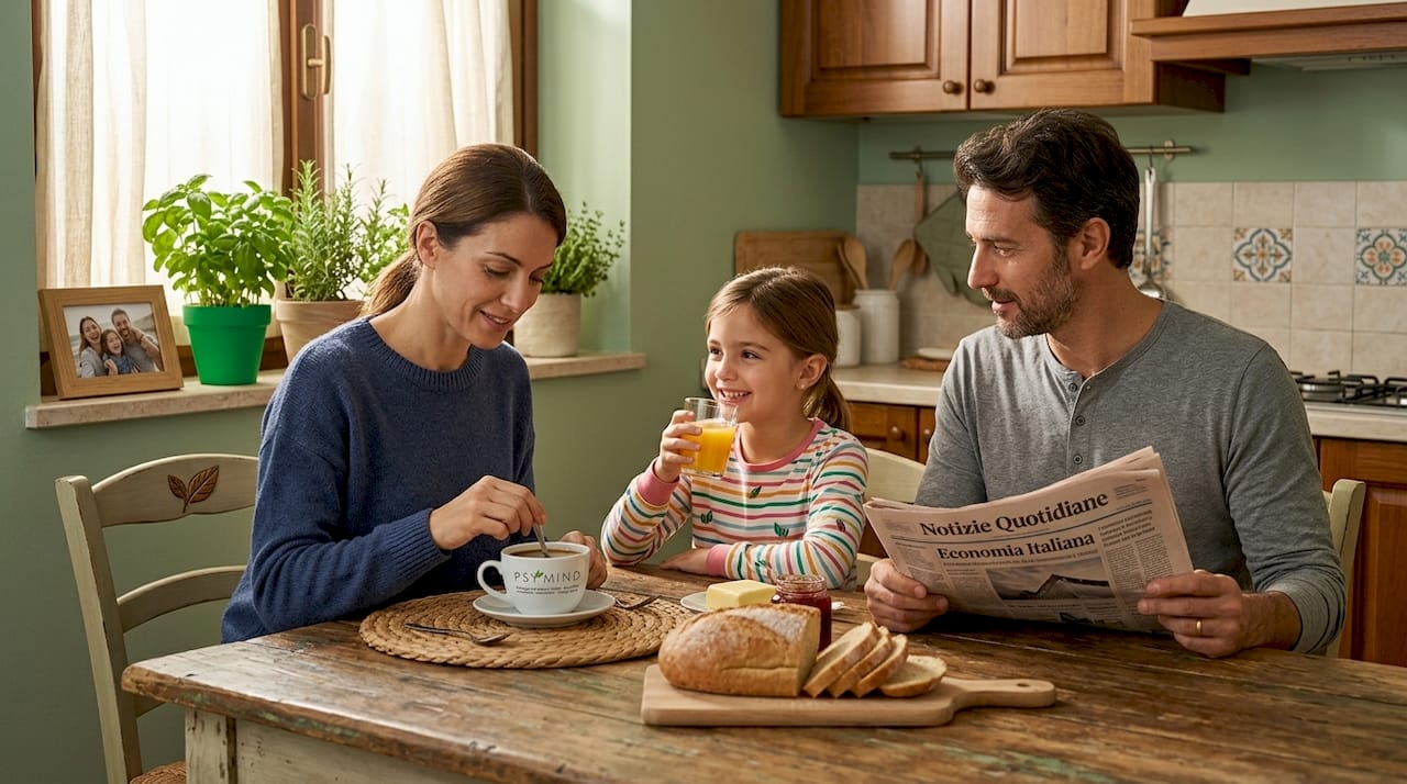 La famiglia si riunisce a tavola per fare colazione insieme in cucina.