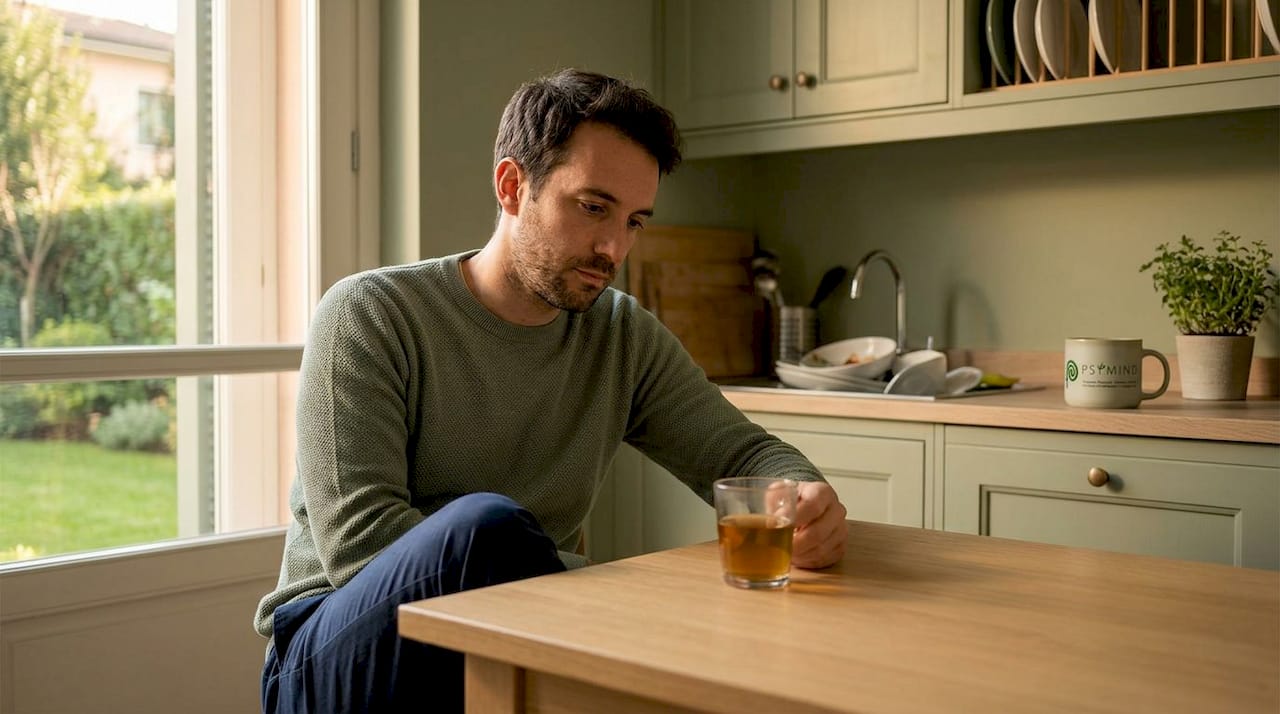 Un uomo seduto al tavolo della cucina appare visibilmente stressato, con lo sguardo perso e le mani tra i capelli.