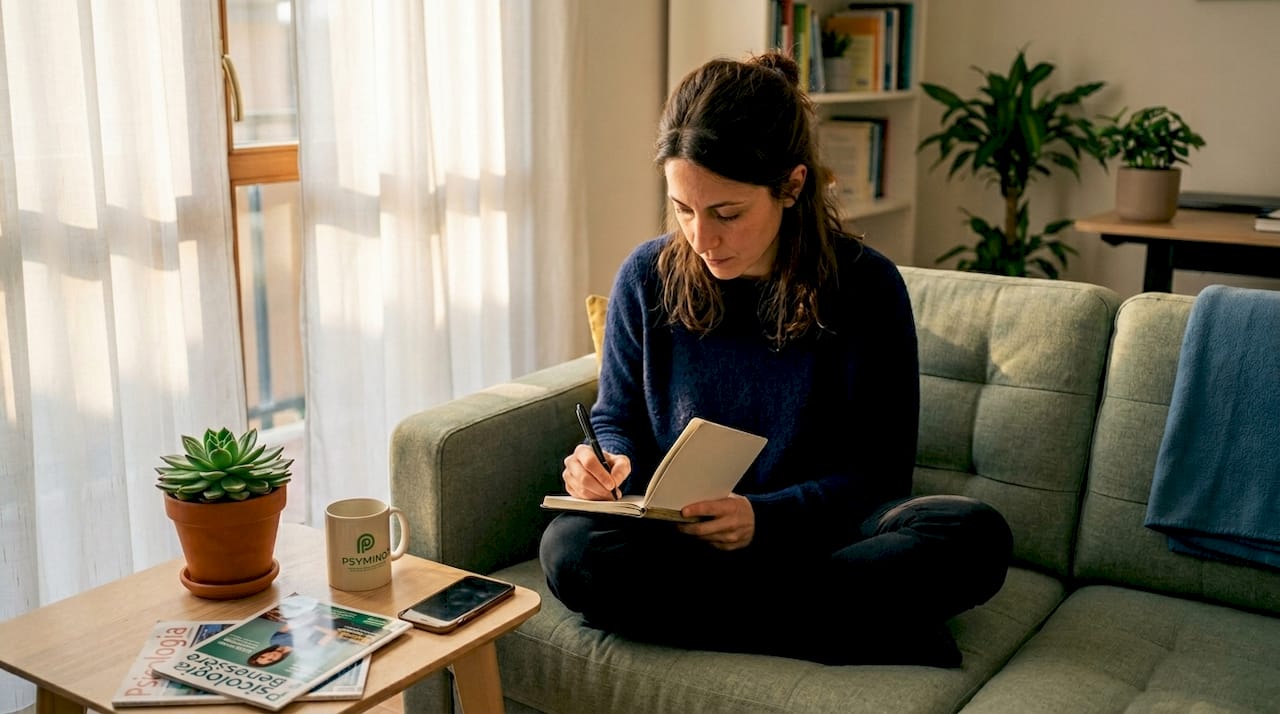 Seduta comodamente sul divano del soggiorno, una donna prende appunti sulle proprie emozioni.