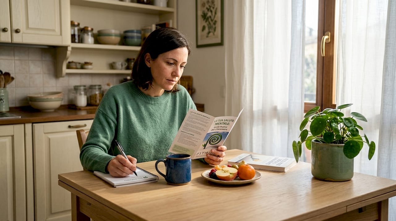 Un adulto seduto al tavolo della cucina, immerso nella lettura di un libro sulla salute mentale.