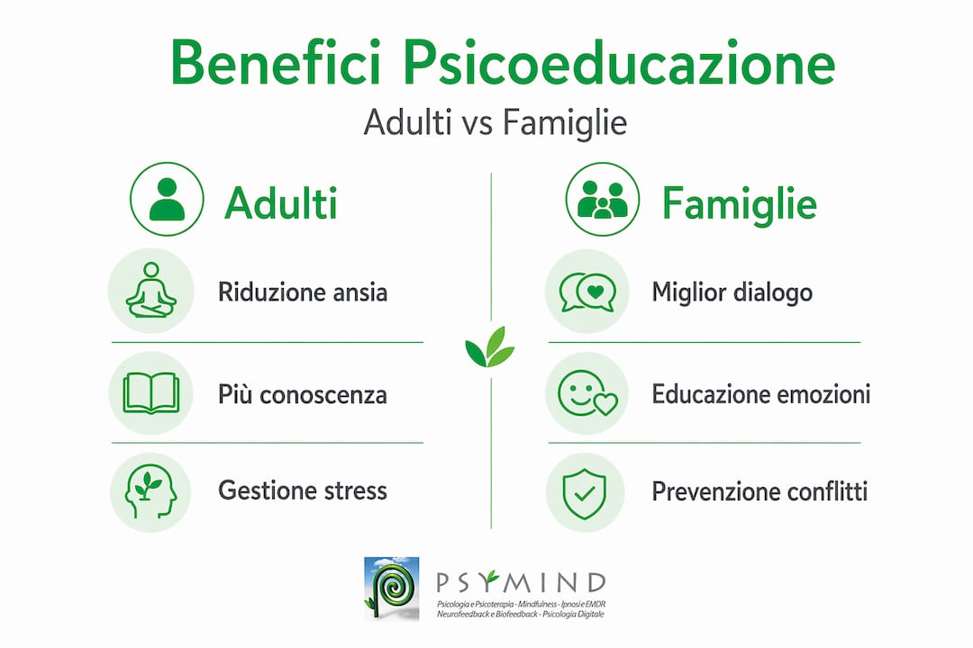 Infografica: come la psicoeducazione migliora il benessere di adulti e famiglie