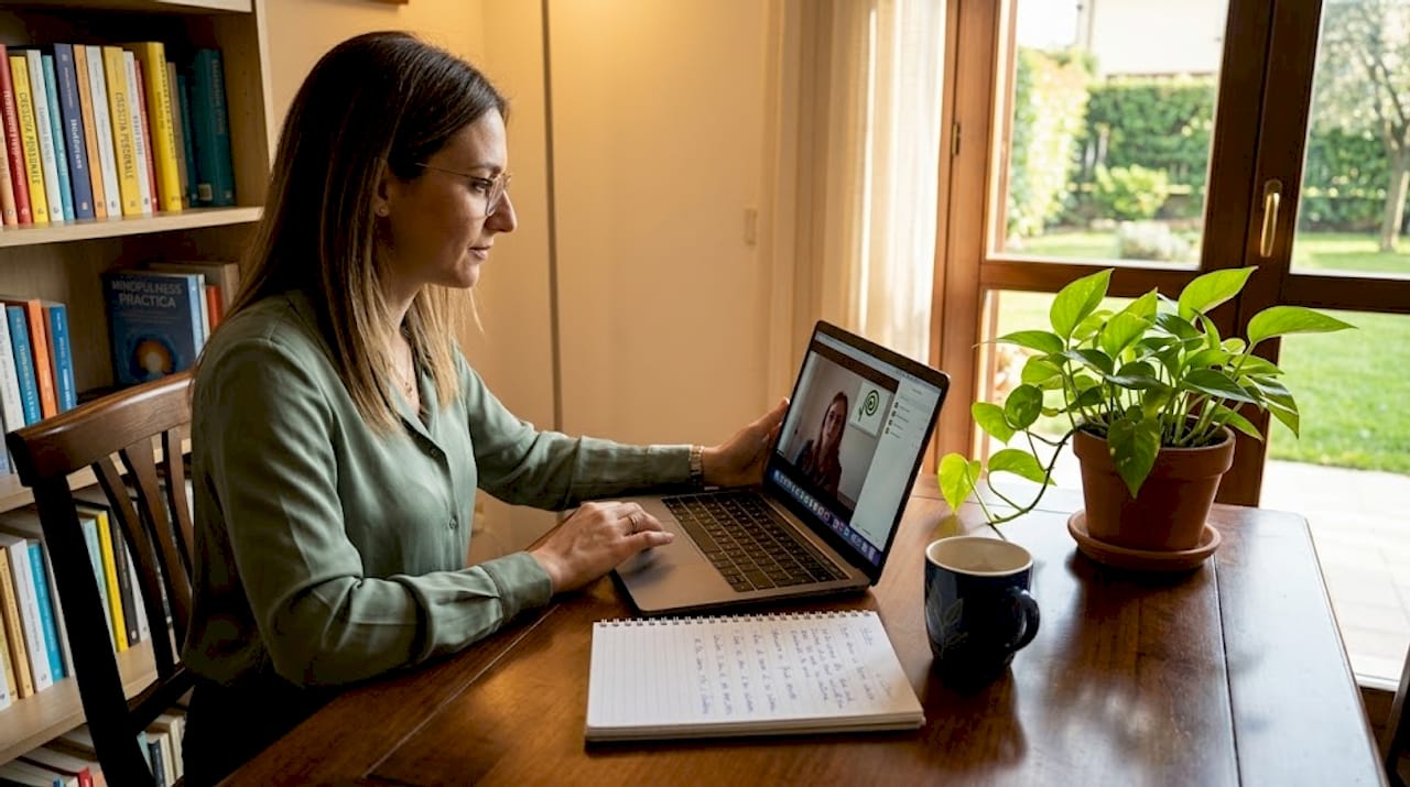 Una psicologa sta conducendo una consulenza online nel suo studio, interagendo con i pazienti tramite piattaforme digitali.