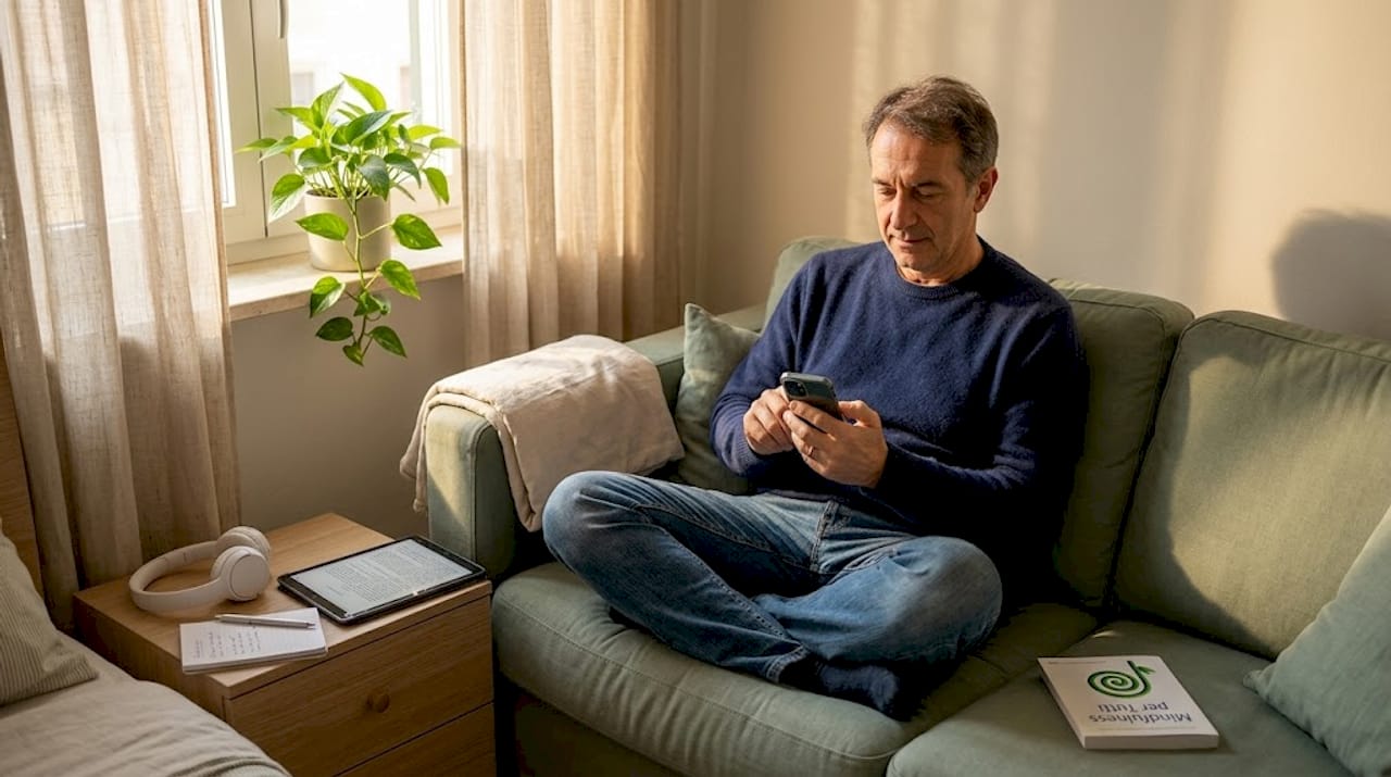 Un uomo controlla un’app per il benessere digitale comodamente seduto nel suo salotto di casa.