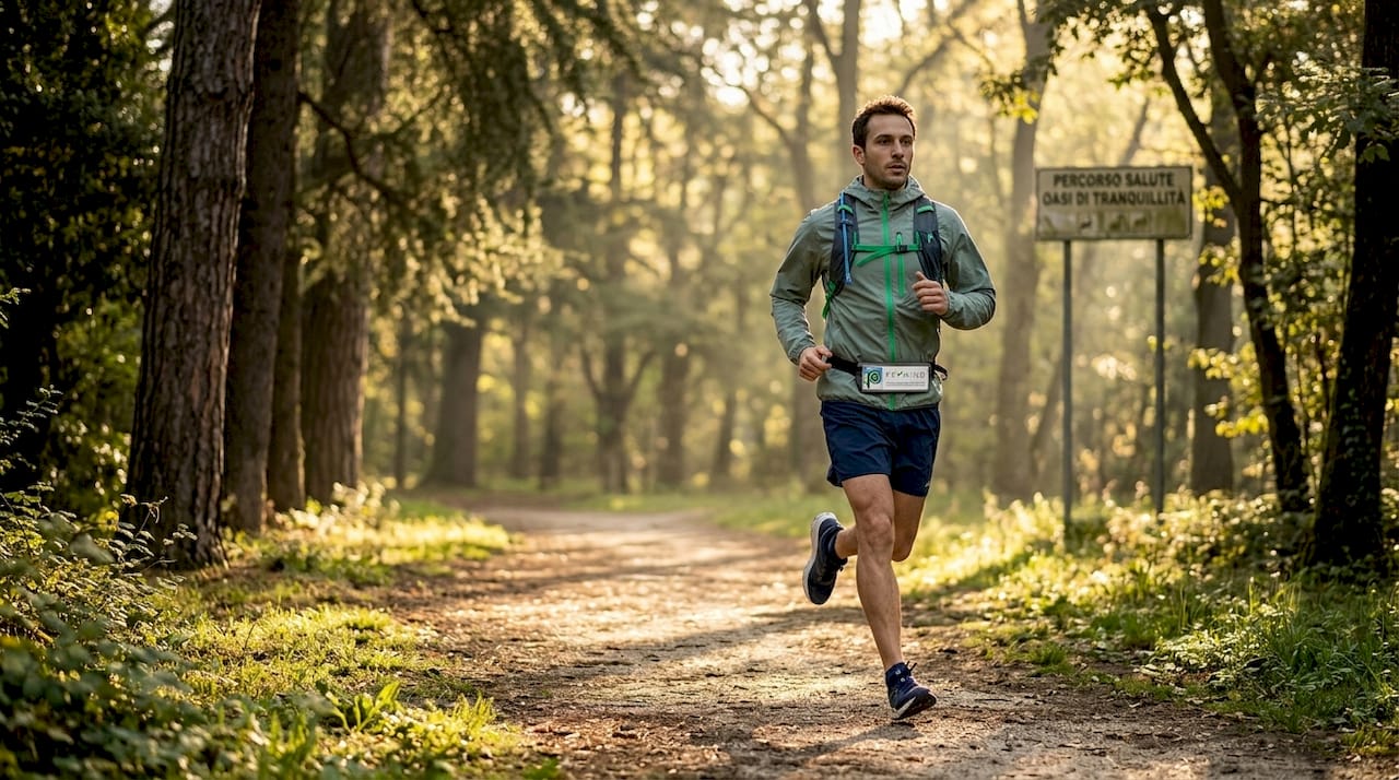 Un uomo corre al mattino presto tra le vie silenziose di un quartiere residenziale.