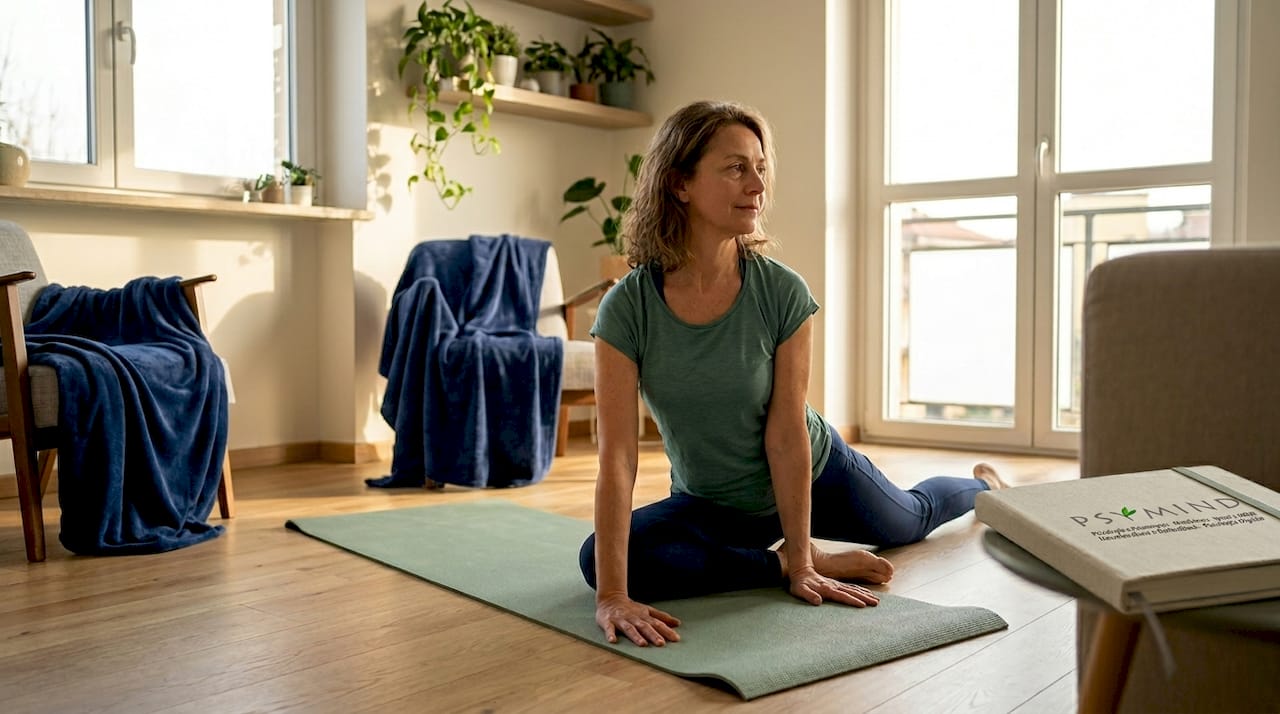 Una donna pratica yoga nel suo soggiorno pieno di luce, immersa in un’atmosfera tranquilla e accogliente.