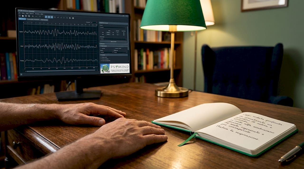 Primo piano delle mani di un uomo e del monitor EEG durante una sessione di autoipnosi