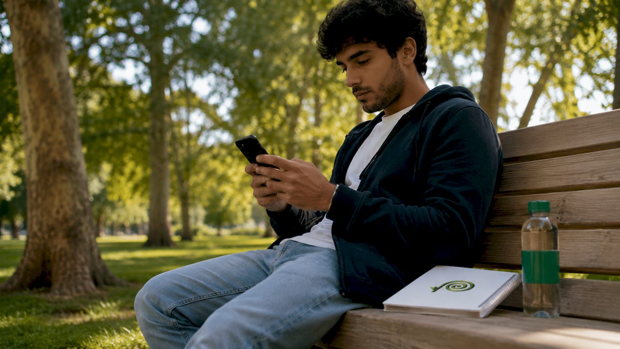 In ufficio, un uomo riceve una notifica dall’app dedicata al benessere mentale.
