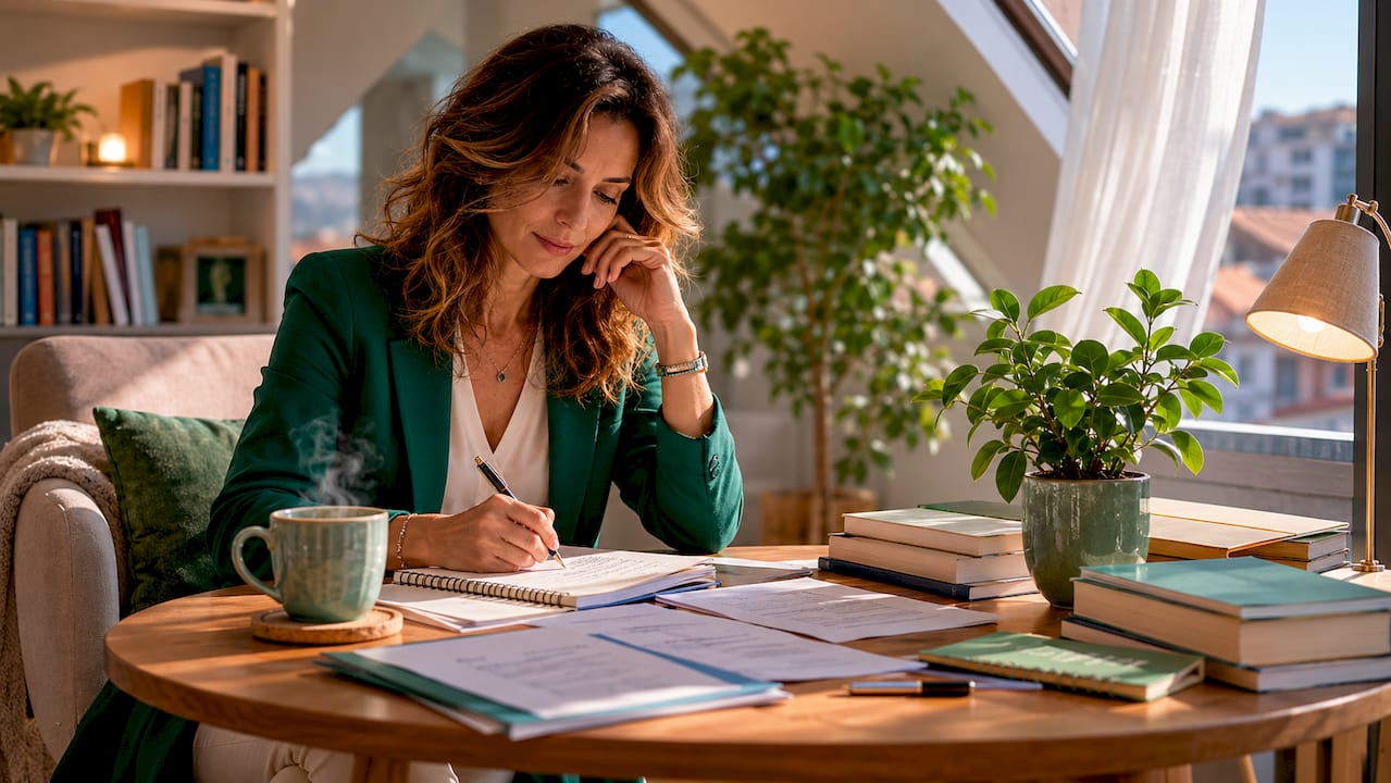 Psicoterapeuta al lavoro nel suo studio mentre rivede i propri appunti
