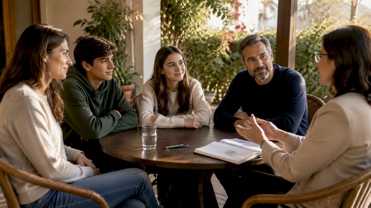 Incontro di psicoeducazione tra una famiglia e la psicologa