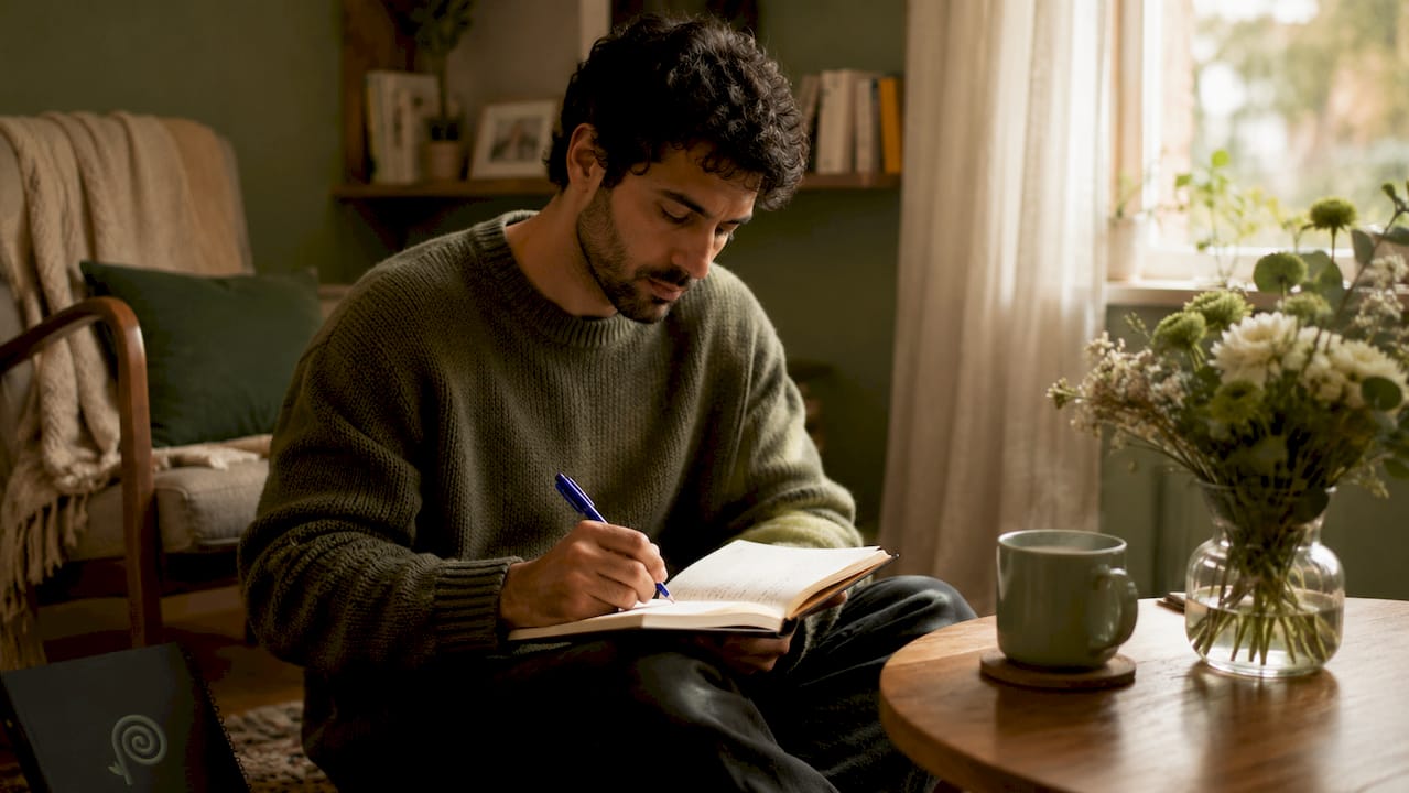 Le mani scorrono sul diario, catturando le emozioni che sbocciano al mattino.