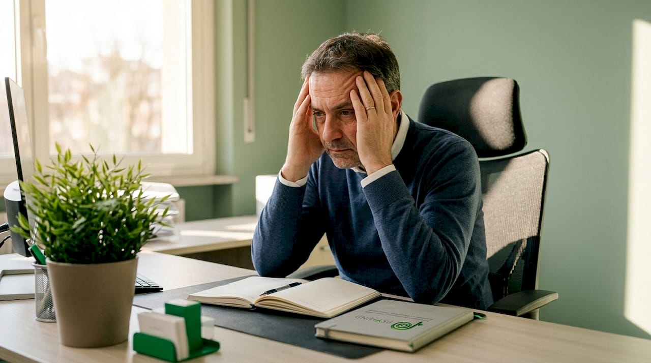 Un uomo seduto al tavolo, visibilmente stressato e dolorante.