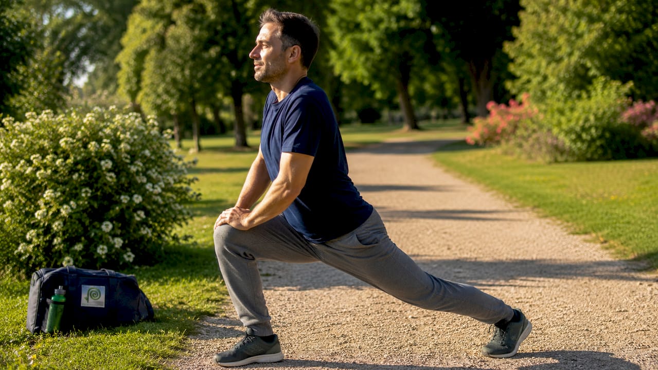 Un uomo di mezza età si dedica allo stretching all’aria aperta, immerso nella luce del mattino.