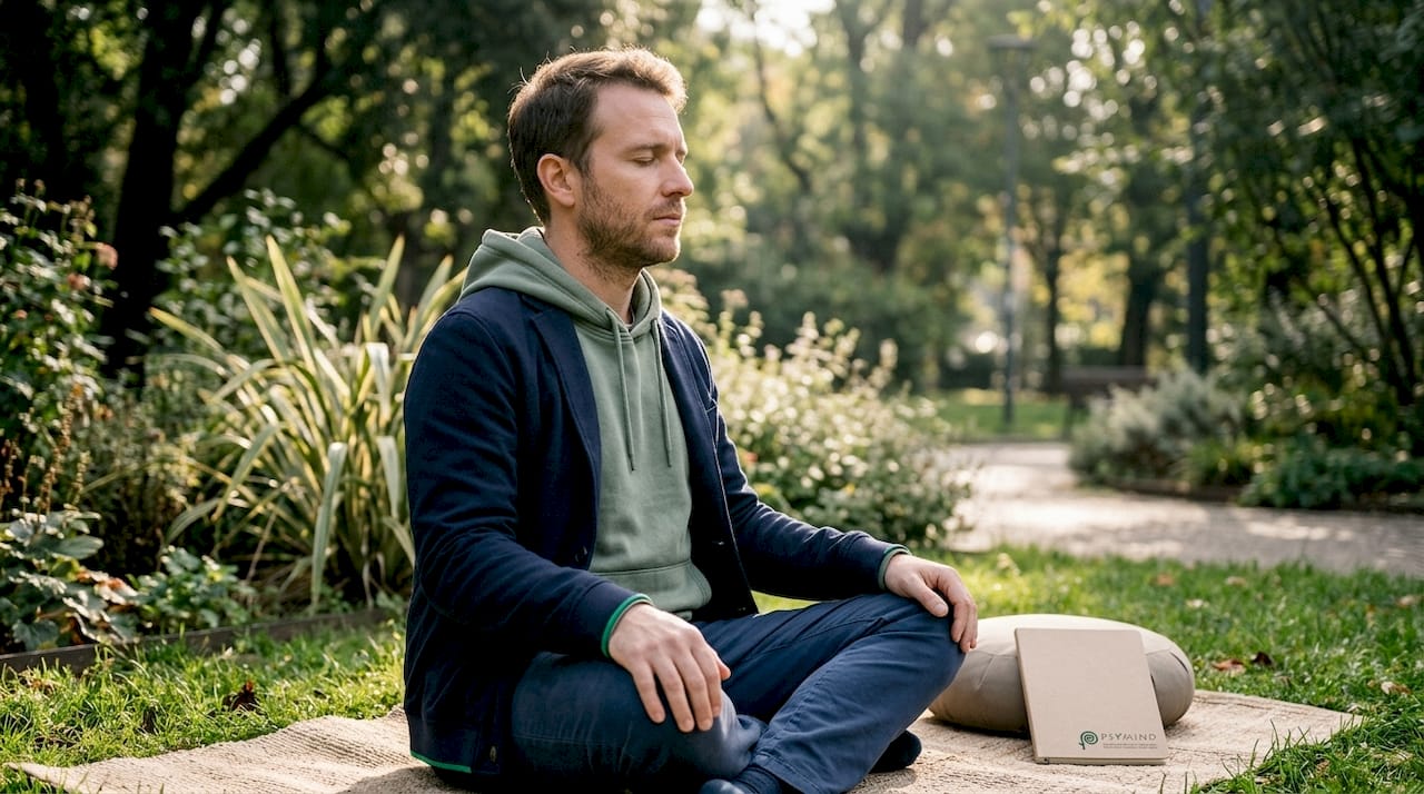 Un uomo assorto nella meditazione, immerso nella quiete di un giardino zen all’aria aperta.