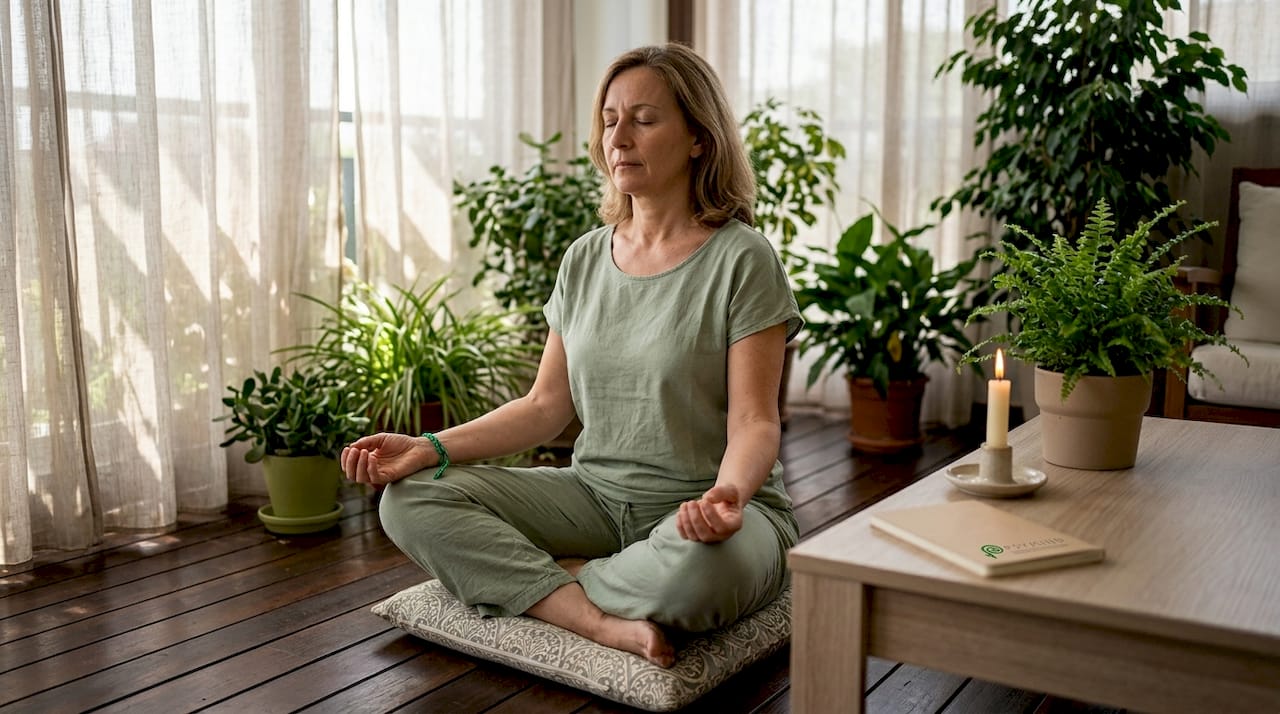 Una donna seduta nella tranquillità della sua casa, immersa nella meditazione e circondata da un’atmosfera rilassante.