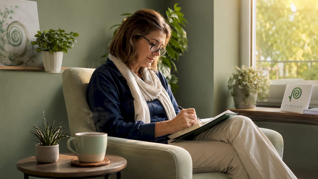 Una donna seduta al tavolo, impegnata a scrivere sul tema della resilienza mentale, riflettendo su come affrontare le sfide della vita con forza e determinazione.
