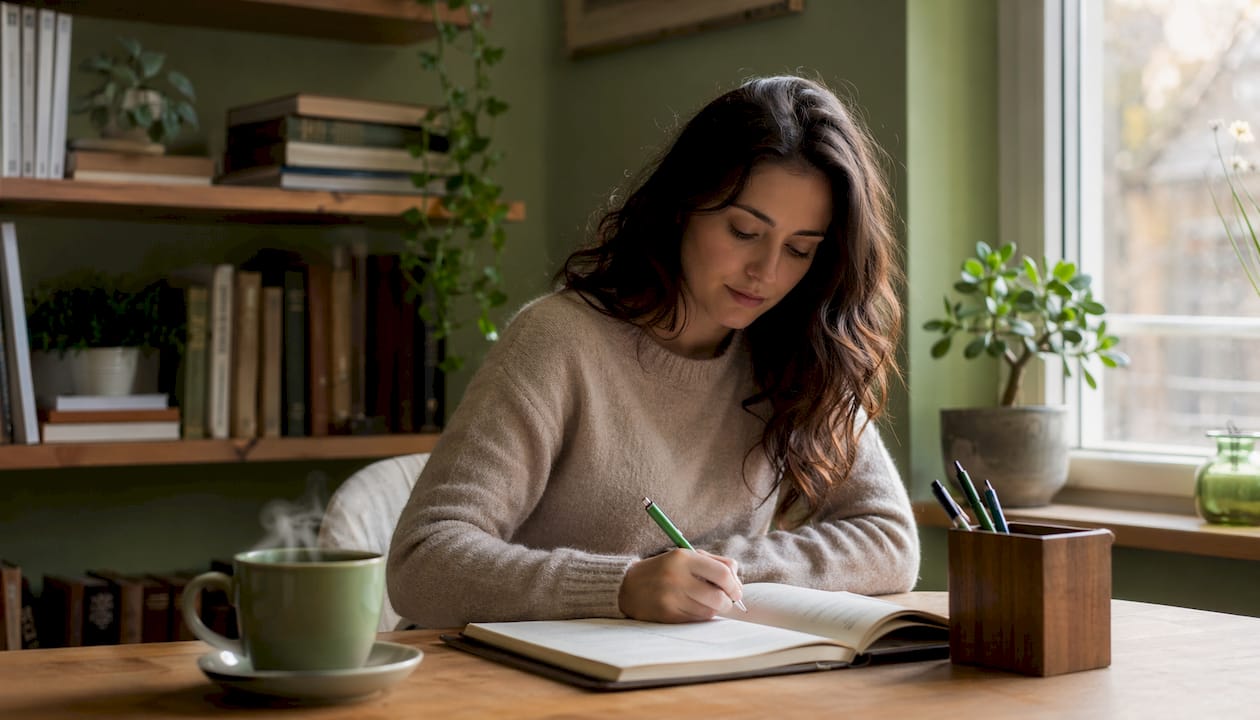 Donna che tiene traccia del proprio benessere mentale annotando pensieri e sensazioni su un diario