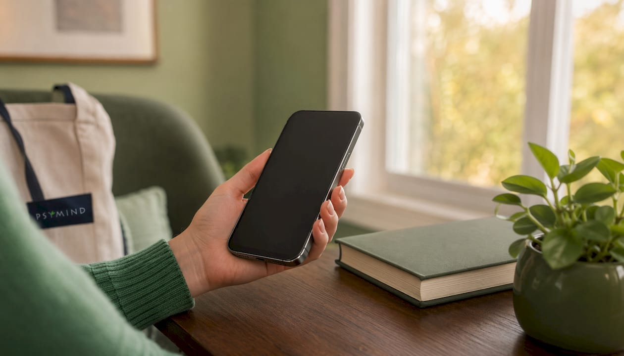 Una mano regge uno smartphone, delle cuffie e un quaderno.