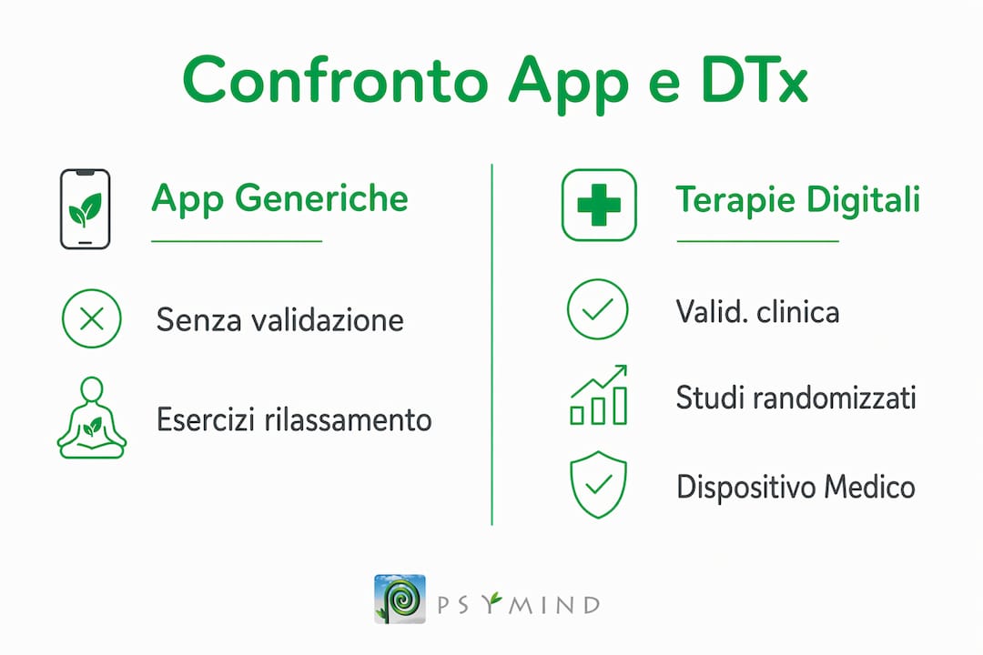 Infografica: differenze tra app di uso comune e terapie digitali certificate