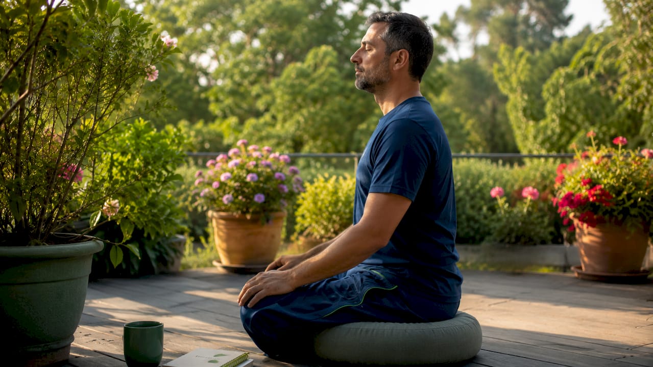 Un uomo è seduto su una sedia, immerso in una posizione di meditazione.