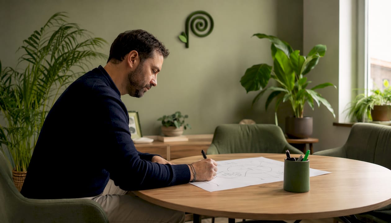 Consulente che studia una strategia annotando idee su un blocco note