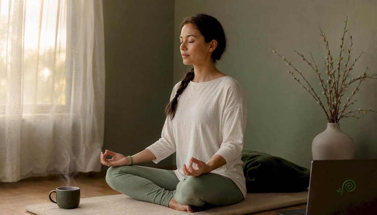 Una donna si prende una pausa di relax, seduta in una stanza dallo stile zen.
