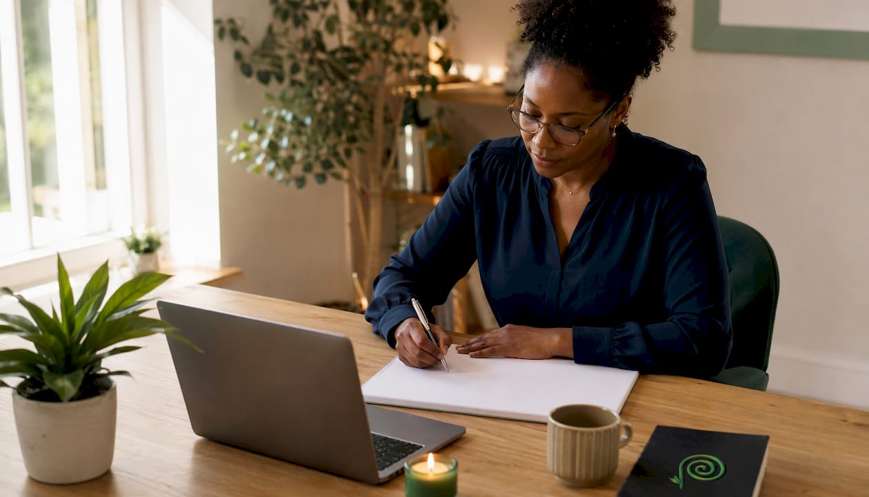 Psicoterapeuta che annota appunti durante una sessione online
