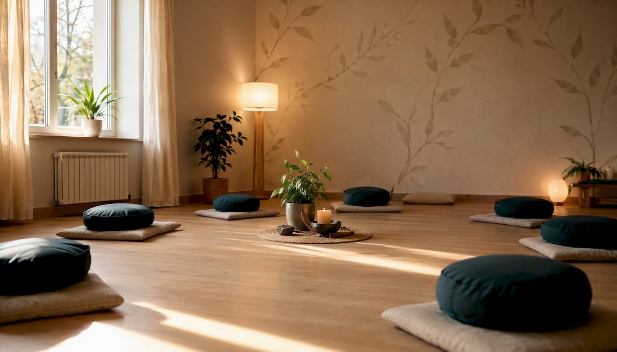 I cuscini da meditazione disposti in cerchio creano un’atmosfera accogliente e favoriscono la condivisione.