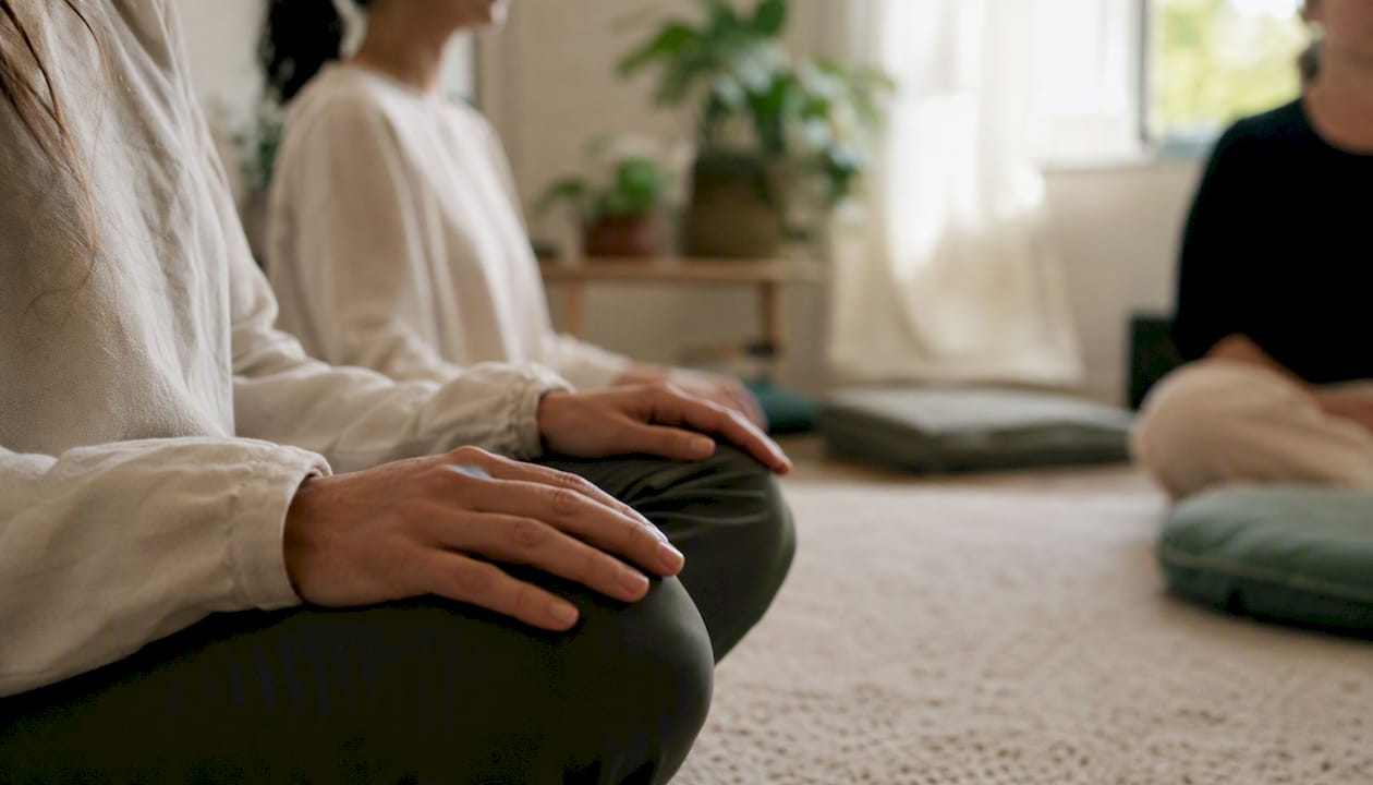 Durante la pratica della mindfulness, le mani sono poggiate delicatamente sulle ginocchia, in segno di rilassamento e attenzione al momento presente.