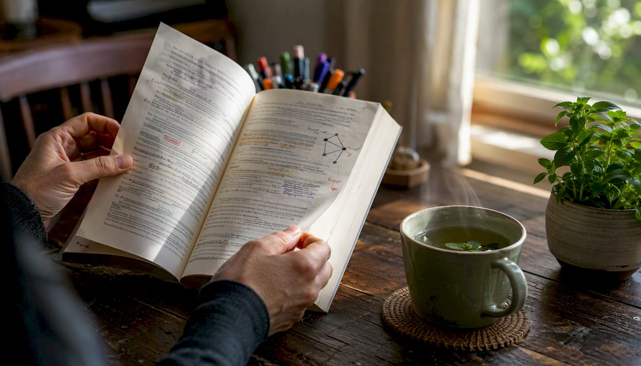 Una tazza di tè fumante, un quaderno e le mani pronte a scrivere sul tavolo.