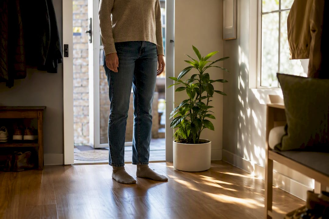 Un genitore che si prende qualche minuto per respirare con calma appena varcata la soglia di casa, per ritrovare serenità prima di affrontare la giornata.