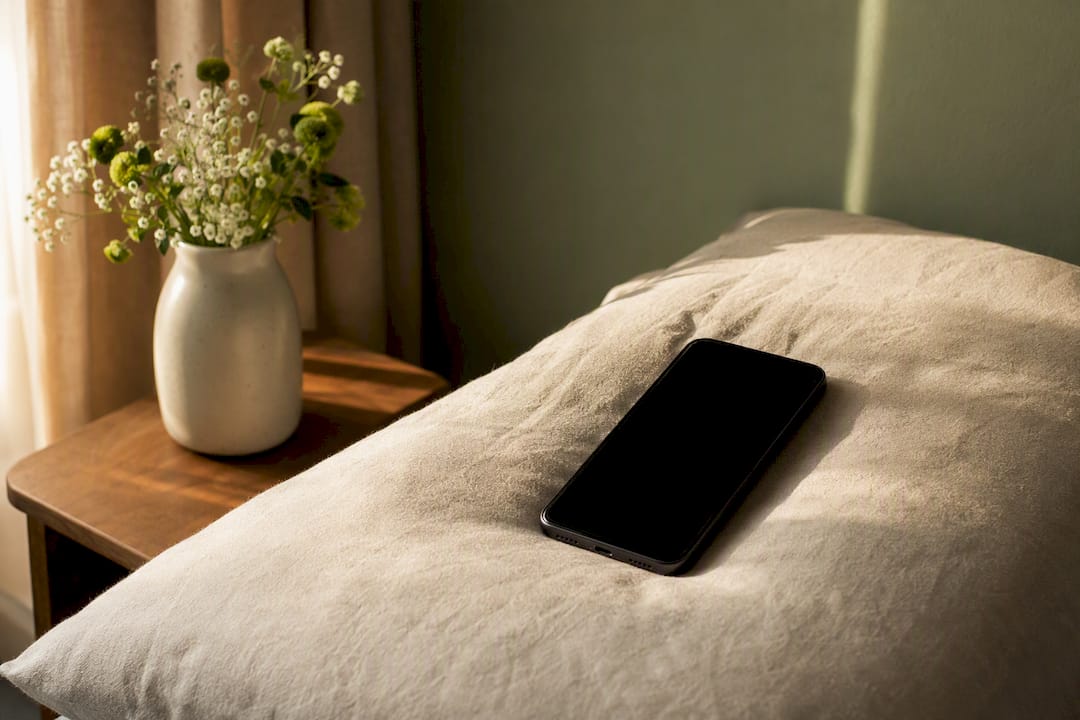 Smartphone con lo schermo spento poggiato su un cuscino