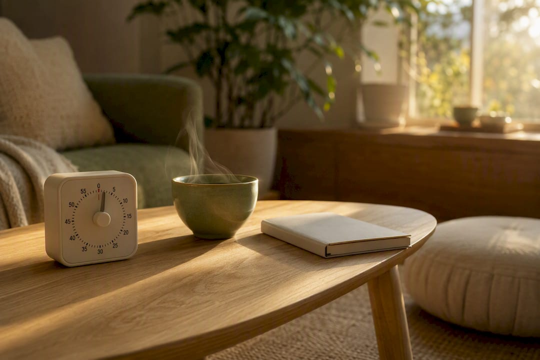 Tavolino con timer, una tazza di tè e un cuscino per la meditazione