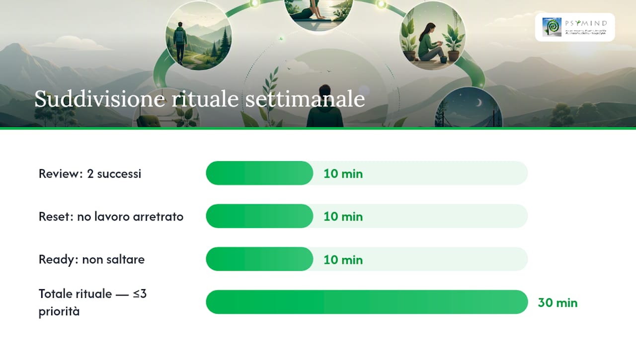 Schema delle fasi e delle regole per un rituale settimanale di ricarica mentale