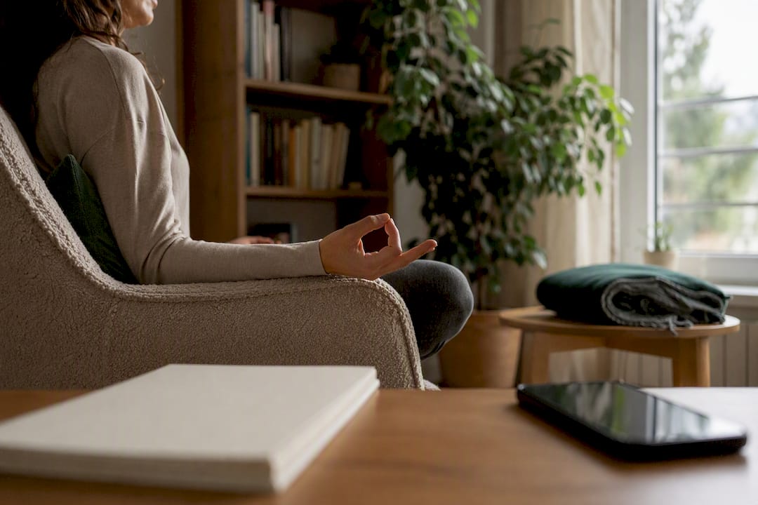 Persona che pratica meditazione mindfulness a casa