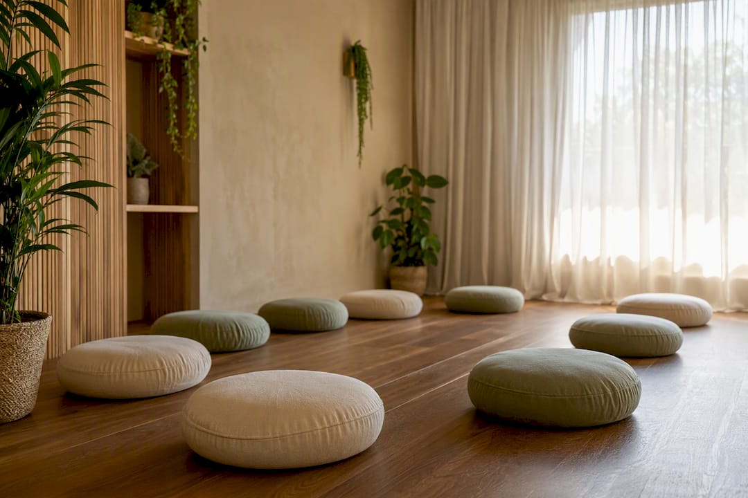 Cuscini vuoti disposti per una sessione di mindfulness di gruppo