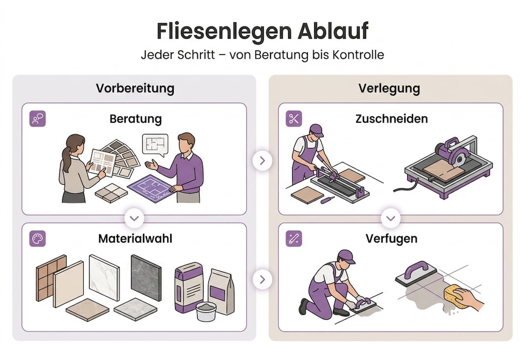 Infografik: Die wichtigsten Arbeitsschritte eines Fliesenlegers – übersichtlich mit kurzen Stichpunkten