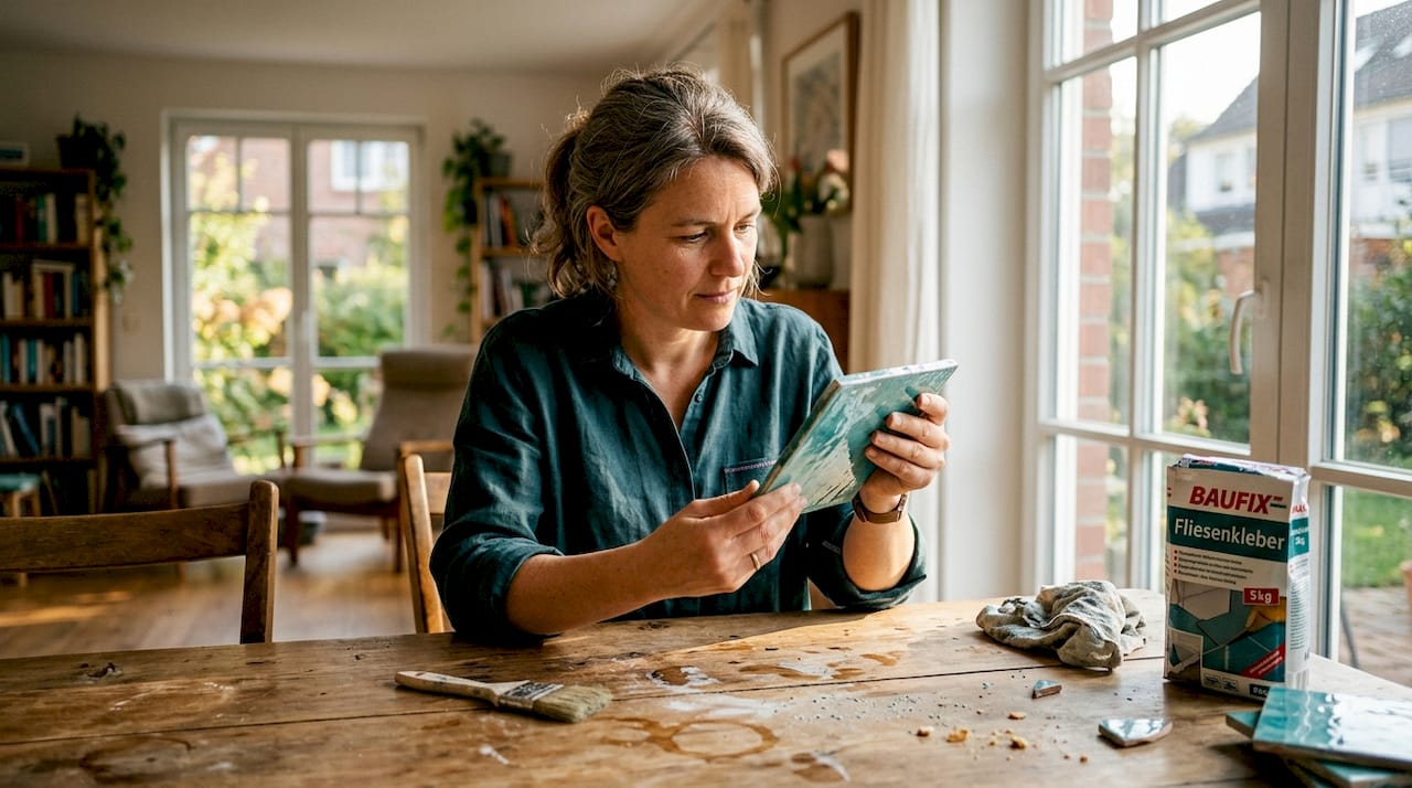 Eine Frau begutachtet die Fliesen auf dem Esstisch.
