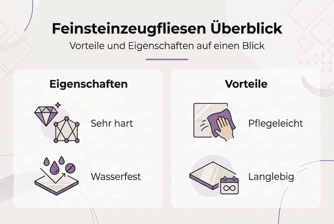 Übersichtliche Infografik: Die wichtigsten Vorteile und Eigenschaften von Feinsteinzeugfliesen auf einen Blick