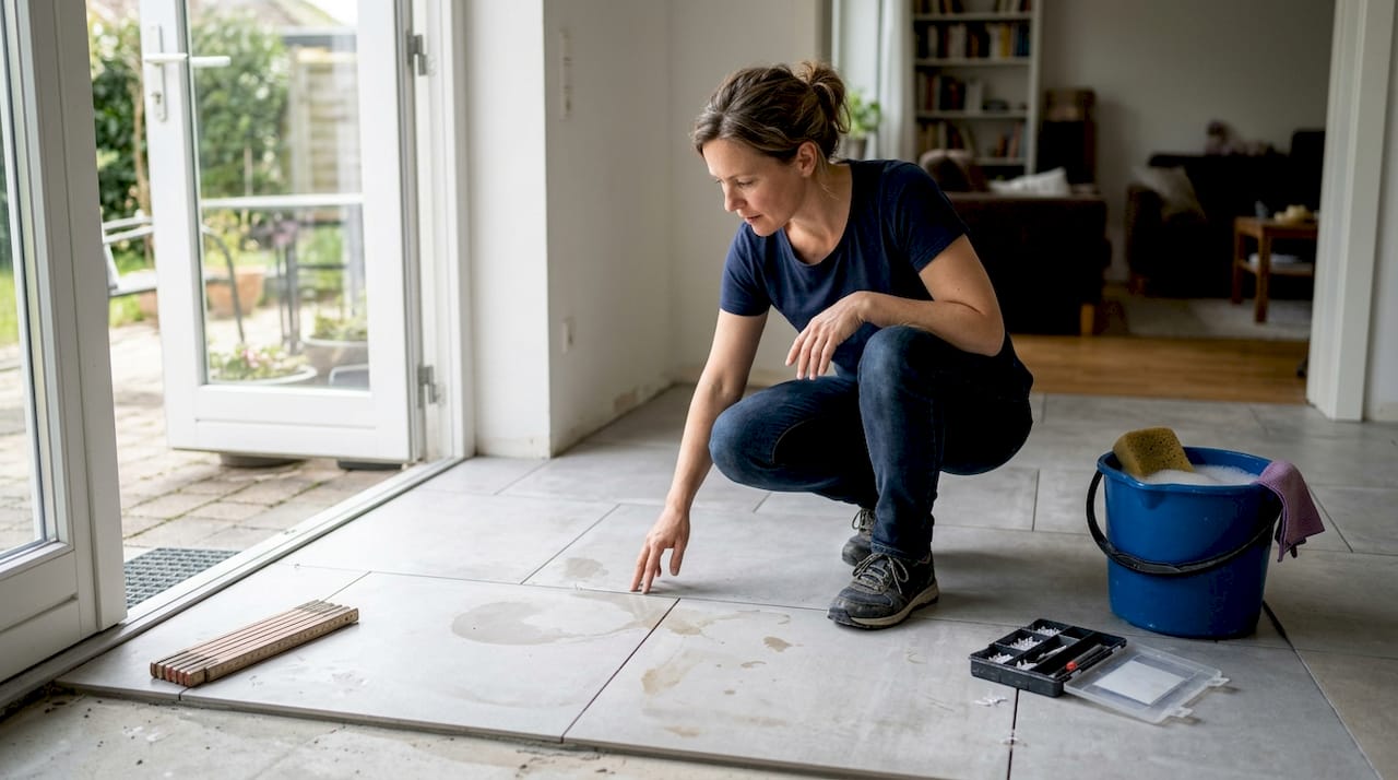 Eine Frau begutachtet die neuen Fliesen im frisch renovierten Wohnzimmer.