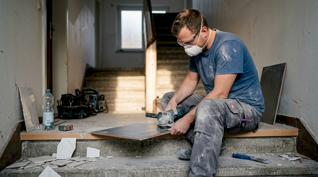 Ein Handwerker arbeitet an einer Feinsteinzeugfliese auf der Treppe und passt sie fachgerecht an.