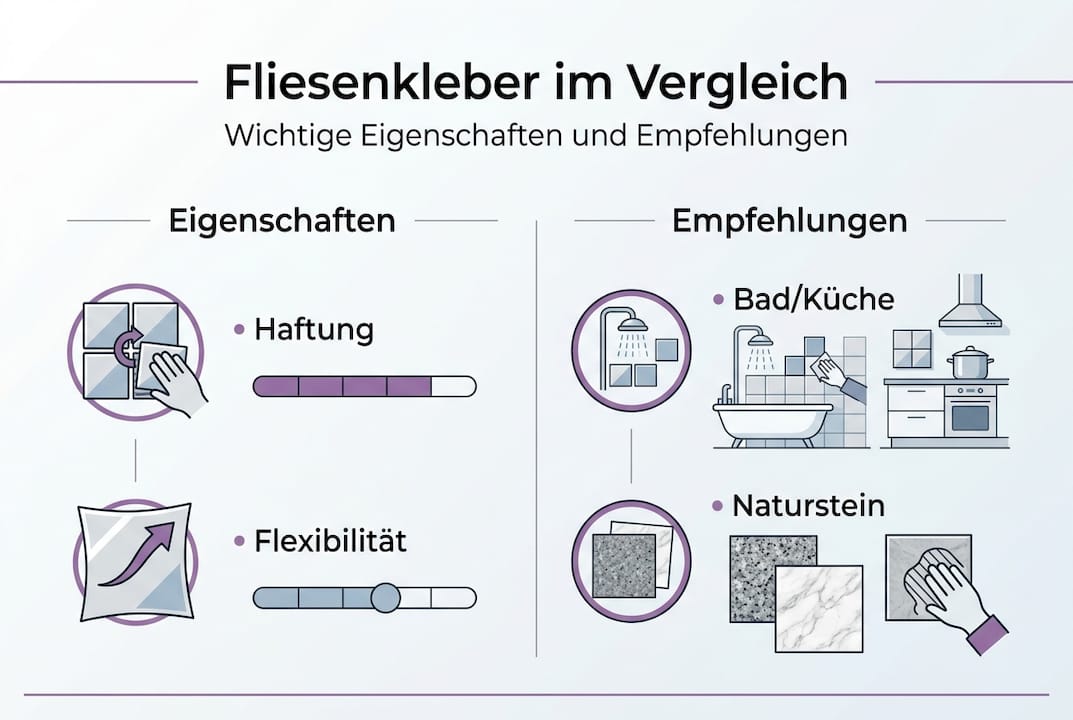 Infografik: Wichtige Eigenschaften von Fliesenklebern und praktische Empfehlungen für die Auswahl