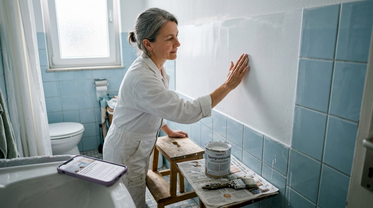 Eine Frau begutachtet die frisch vorbereitete Wand im Bad, bevor sie mit dem Fliesenlegen beginnt.