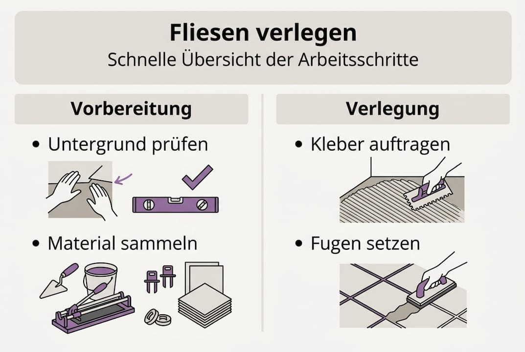 Übersichtliche Infografik: Die wichtigsten Arbeitsschritte und Bereiche beim Fliesenlegen auf einen Blick