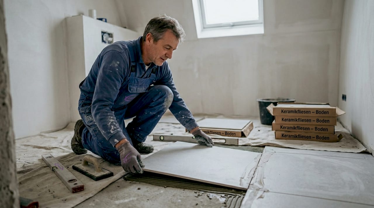 Ein Handwerker verlegt großformatige Fliesen im Badezimmer.