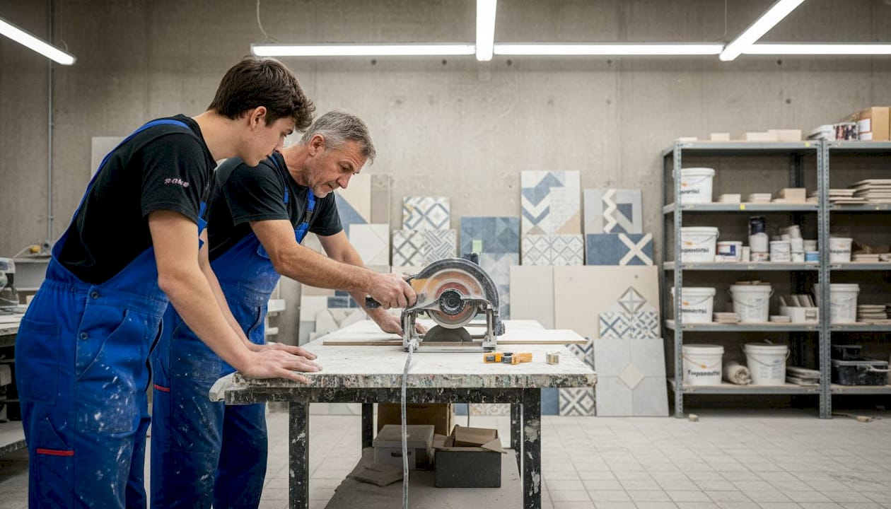 Auszubildender im Fliesenlegerhandwerk sammelt praktische Erfahrung